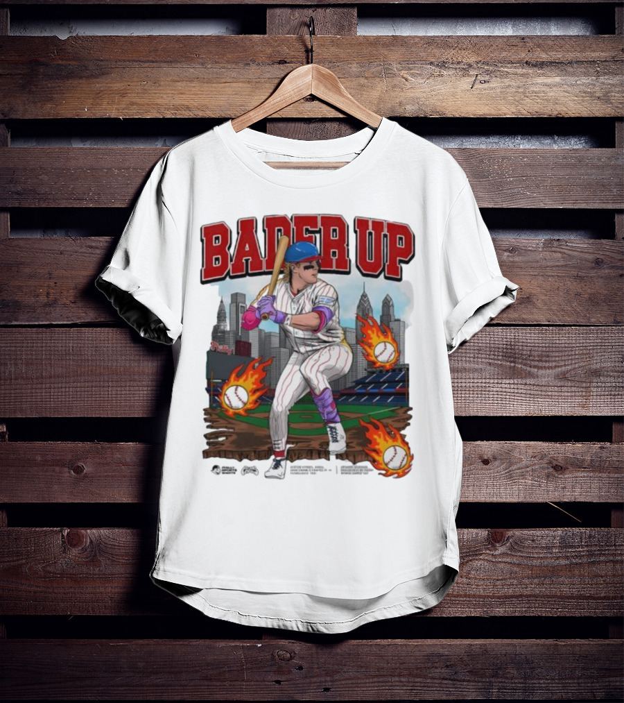 Bader Up Baseball Player Philadelphia Skyline And Flaming Baseballs T-Shirt