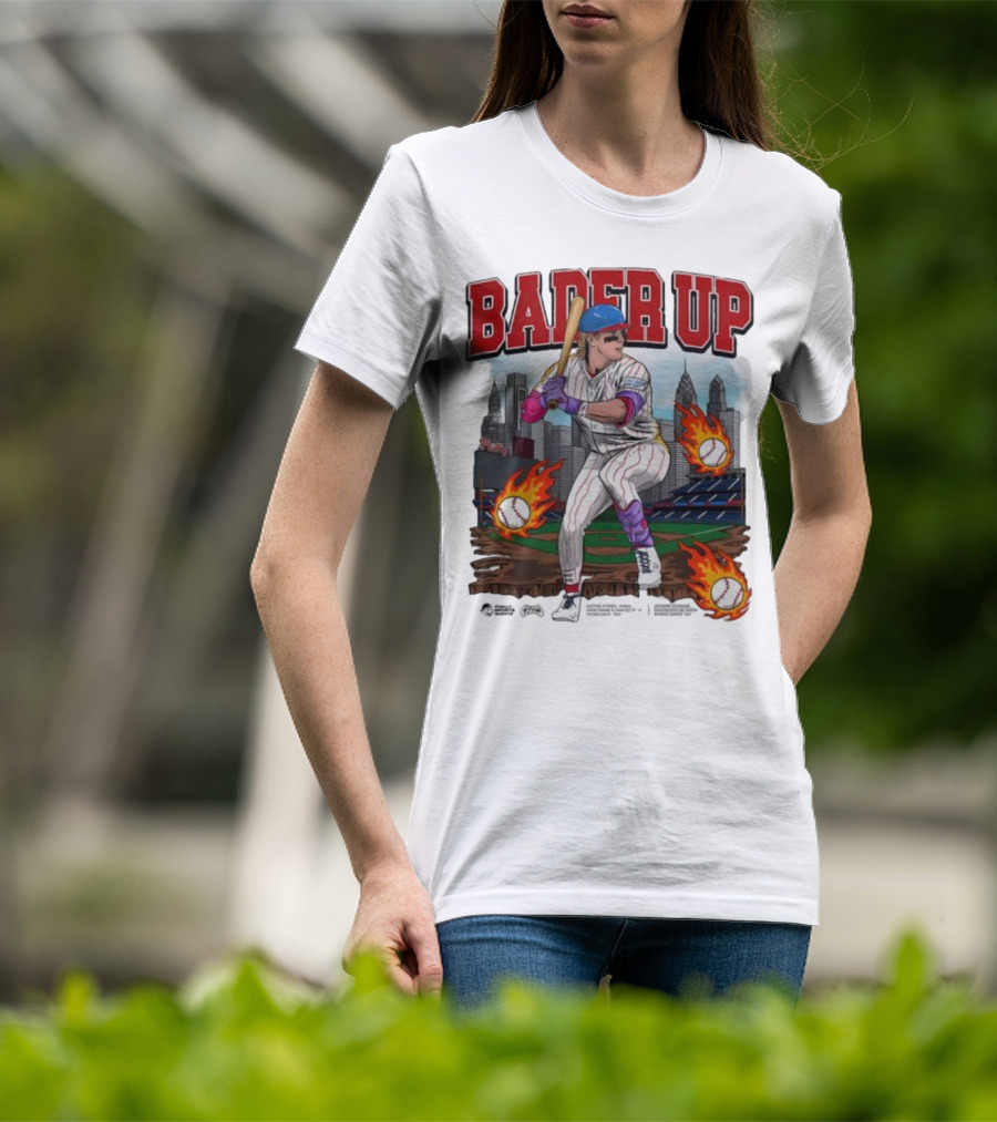 Bader Up Baseball Player Philadelphia Skyline And Flaming Baseballs T-Shirt