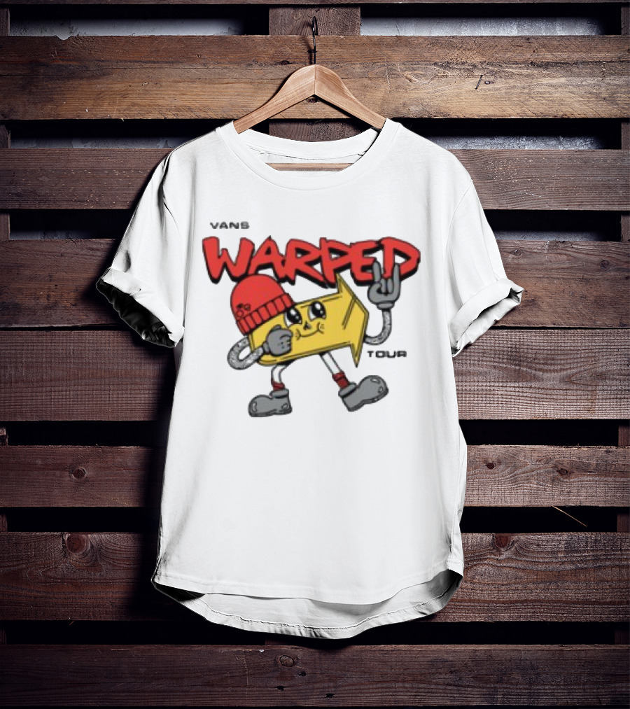 Vans Warped Tour Yellow Arrow Mascot With Red Beanie And Rock Gesture T-Shirt