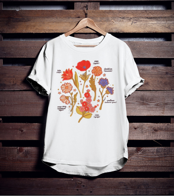 Botanical Revival Tulip Poppy Daisy Cosmos Lavender Floral Arrangement T-Shirt