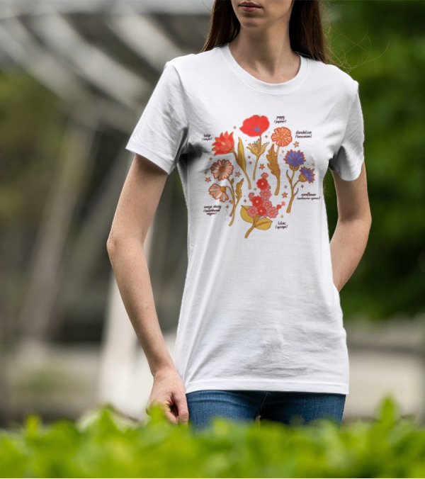 Botanical Revival Tulip Poppy Daisy Cosmos Lavender Floral Arrangement T-Shirt