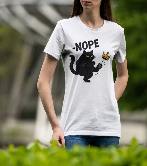 Nope Black Cat Kicking Crown Anti-Trump No Kings In America T-Shirt