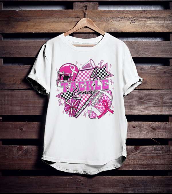 Pink Football Tackle Cancer Cheer Breast Cancer Awareness Ribbons T-Shirt