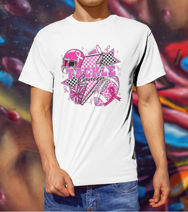 Pink Football Tackle Cancer Cheer Breast Cancer Awareness Ribbons T-Shirt
