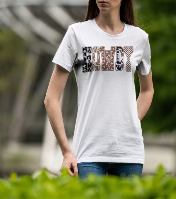 Western Ghost Howdy Cowboy Checkered Halloween Letters T-Shirt
