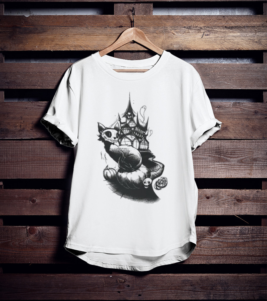 Kingpin Skelecat Haunt By Kellan Horner Ghostly Cat With Crown And Smoke T-Shirt