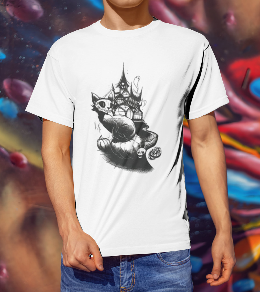 Kingpin Skelecat Haunt By Kellan Horner Ghostly Cat With Crown And Smoke T-Shirt