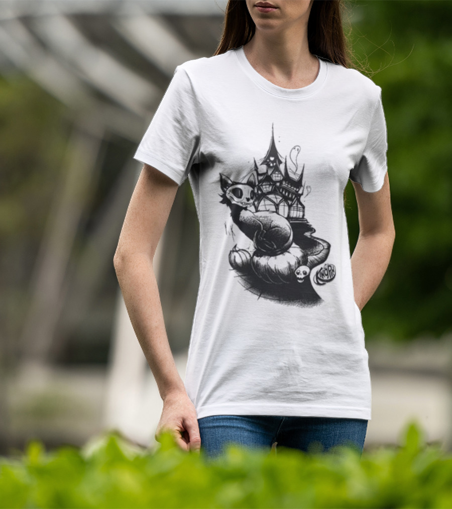 Kingpin Skelecat Haunt By Kellan Horner Ghostly Cat With Crown And Smoke T-Shirt