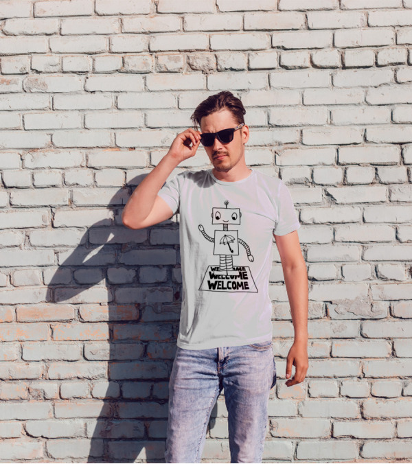 Robot Welcome Friendly Waving With Umbrella T-Shirt