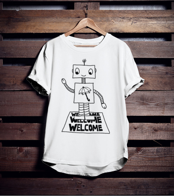 Robot Welcome Friendly Waving With Umbrella T-Shirt