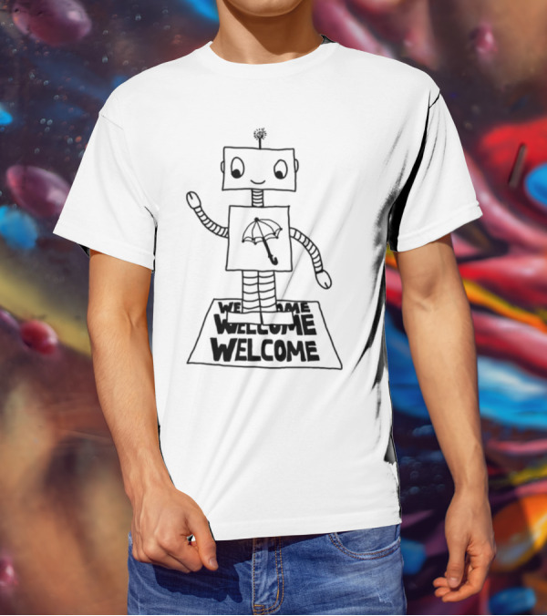 Robot Welcome Friendly Waving With Umbrella T-Shirt