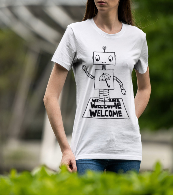 Robot Welcome Friendly Waving With Umbrella T-Shirt