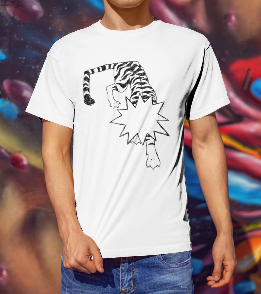 Cody Guaranteedaudio Tiger Illustration Black And White Dynamic Pouncing Feline With Bold Outline T-Shirt