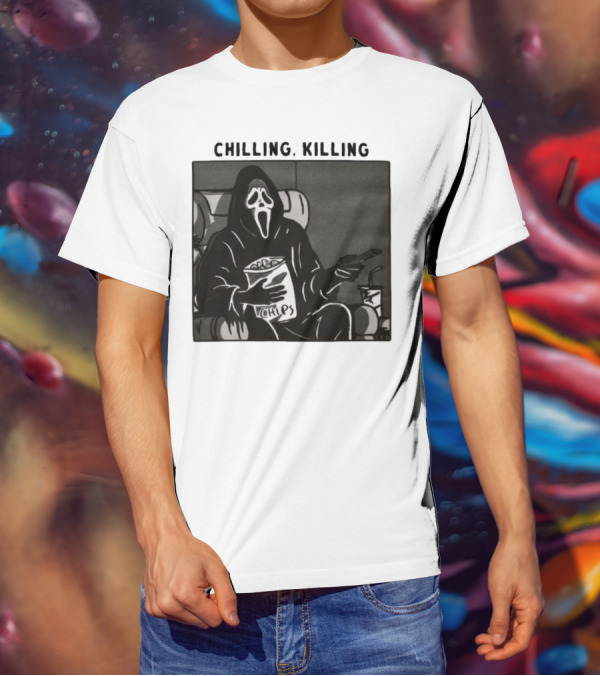Ghost Face Chips Chilling Killing Movie Night Vibes T-Shirt
