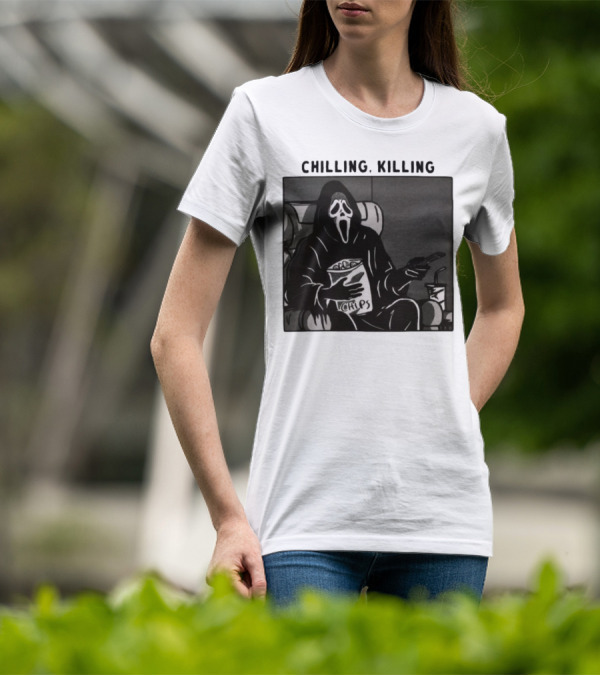 Ghost Face Chips Chilling Killing Movie Night Vibes T-Shirt