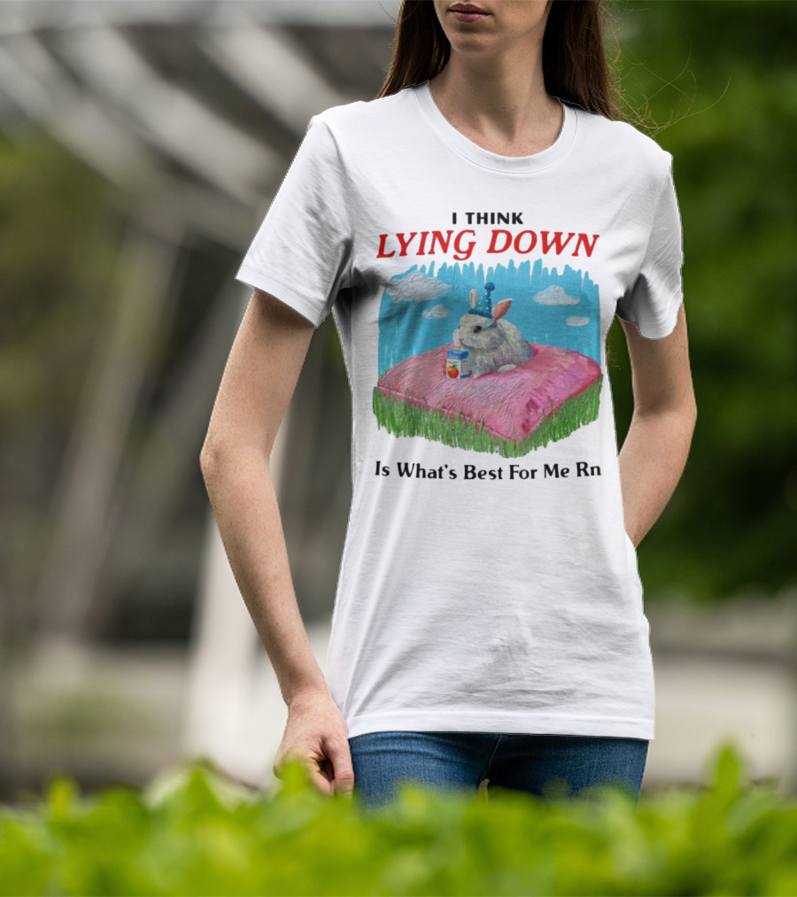 I Think Lying Down Bunny With Party Hat And Juice Box Pillow Clouds T-Shirt