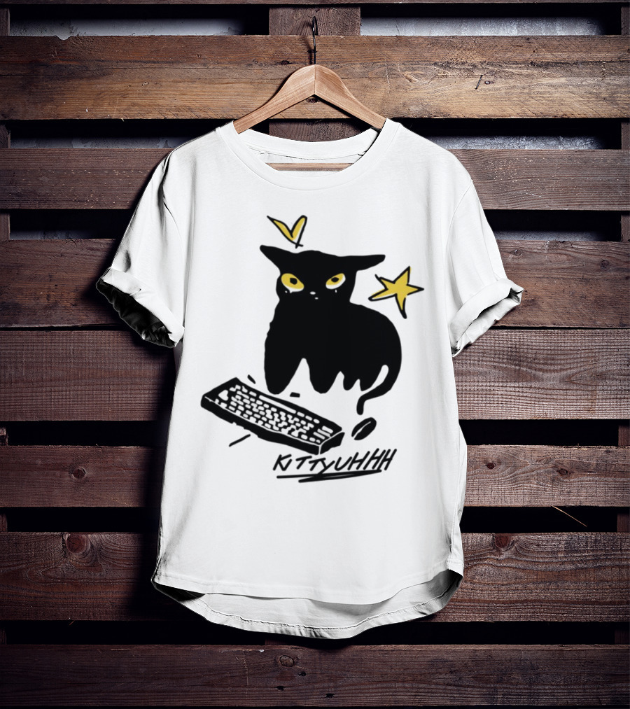 Kittyuhhh Cat At Keyboard With Yellow Eyes And Stars T-Shirt