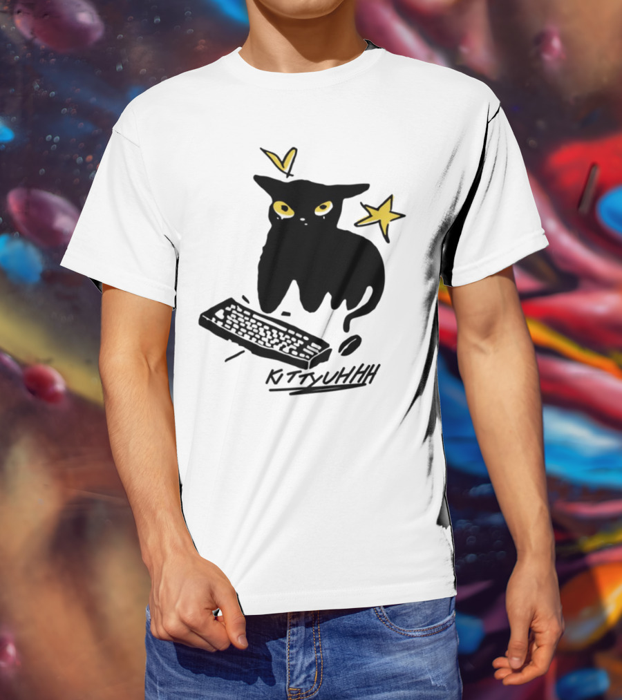 Kittyuhhh Cat At Keyboard With Yellow Eyes And Stars T-Shirt