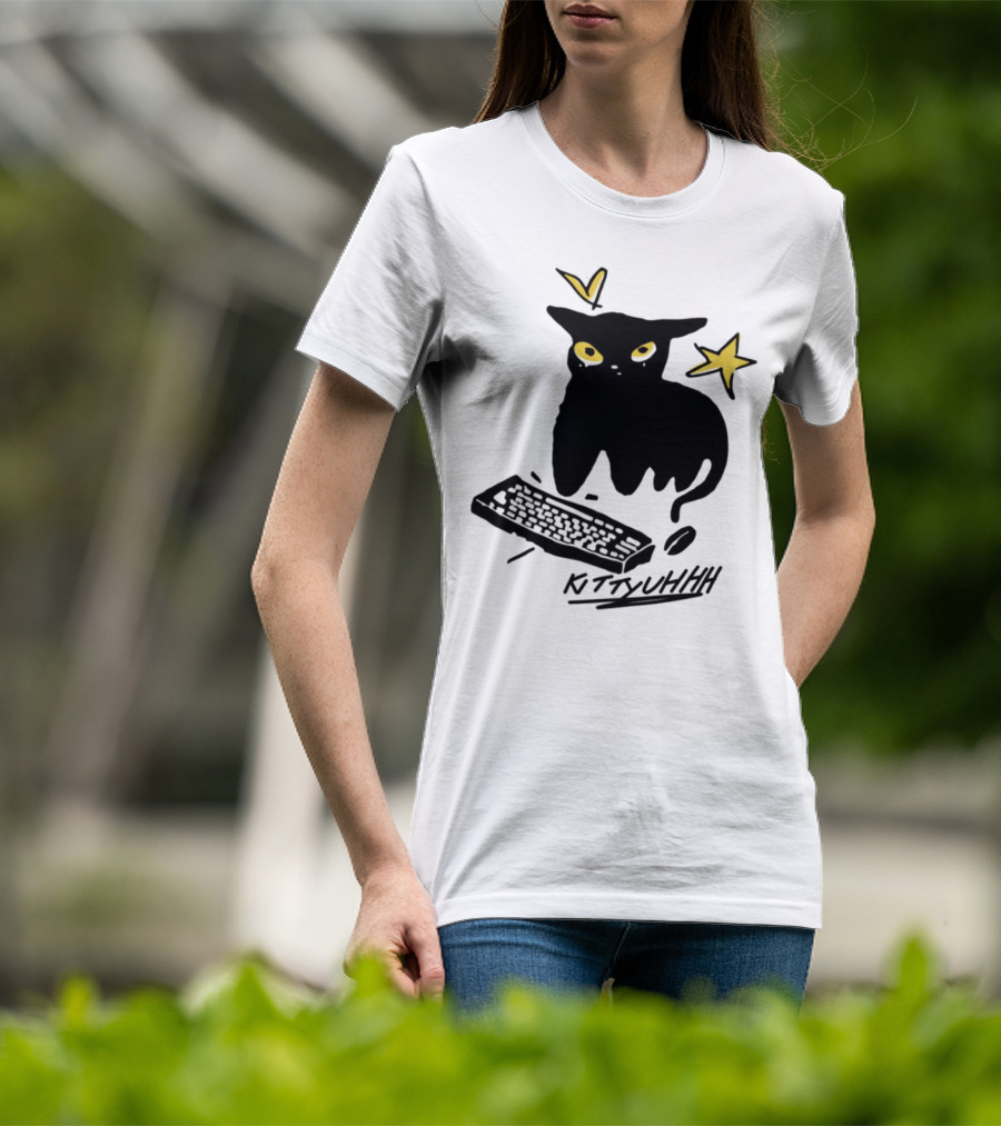 Kittyuhhh Cat At Keyboard With Yellow Eyes And Stars T-Shirt