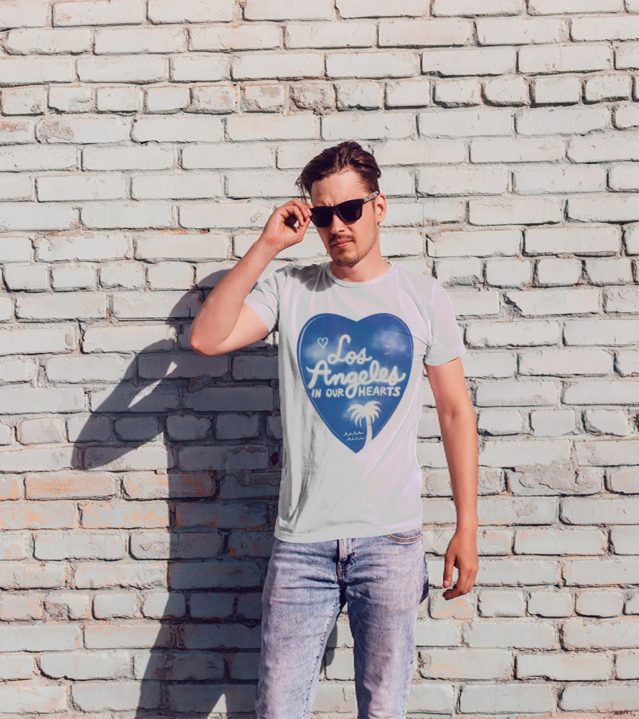 Los Angeles In Our Hearts Blue Heart With Palm Tree And Waves T-Shirt