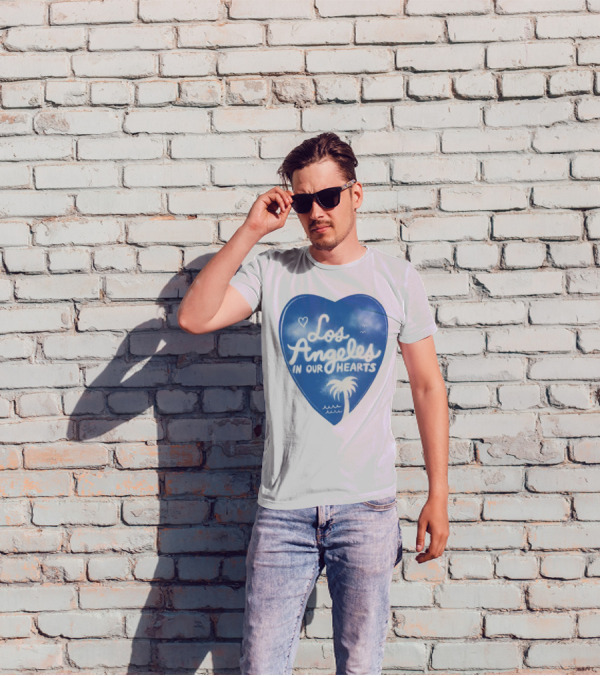 Los Angeles In Our Hearts Blue Heart With Palm Tree And Waves T-Shirt
