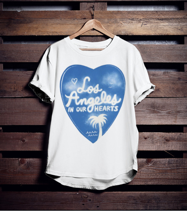 Los Angeles In Our Hearts Blue Heart With Palm Tree And Waves T-Shirt