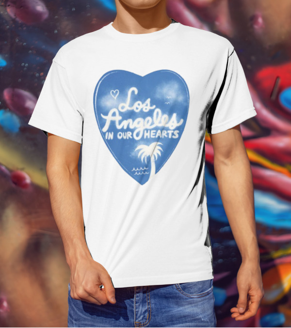 Los Angeles In Our Hearts Blue Heart With Palm Tree And Waves T-Shirt