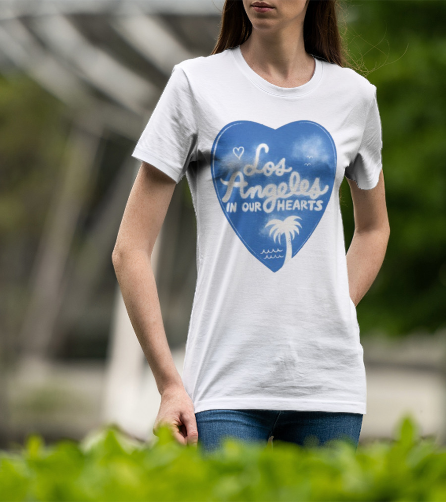 Los Angeles In Our Hearts Blue Heart With Palm Tree And Waves T-Shirt