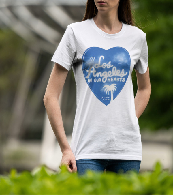 Los Angeles In Our Hearts Blue Heart With Palm Tree And Waves T-Shirt