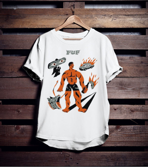 Pup Muscle Man Flaming Car And Wolf T-Shirt
