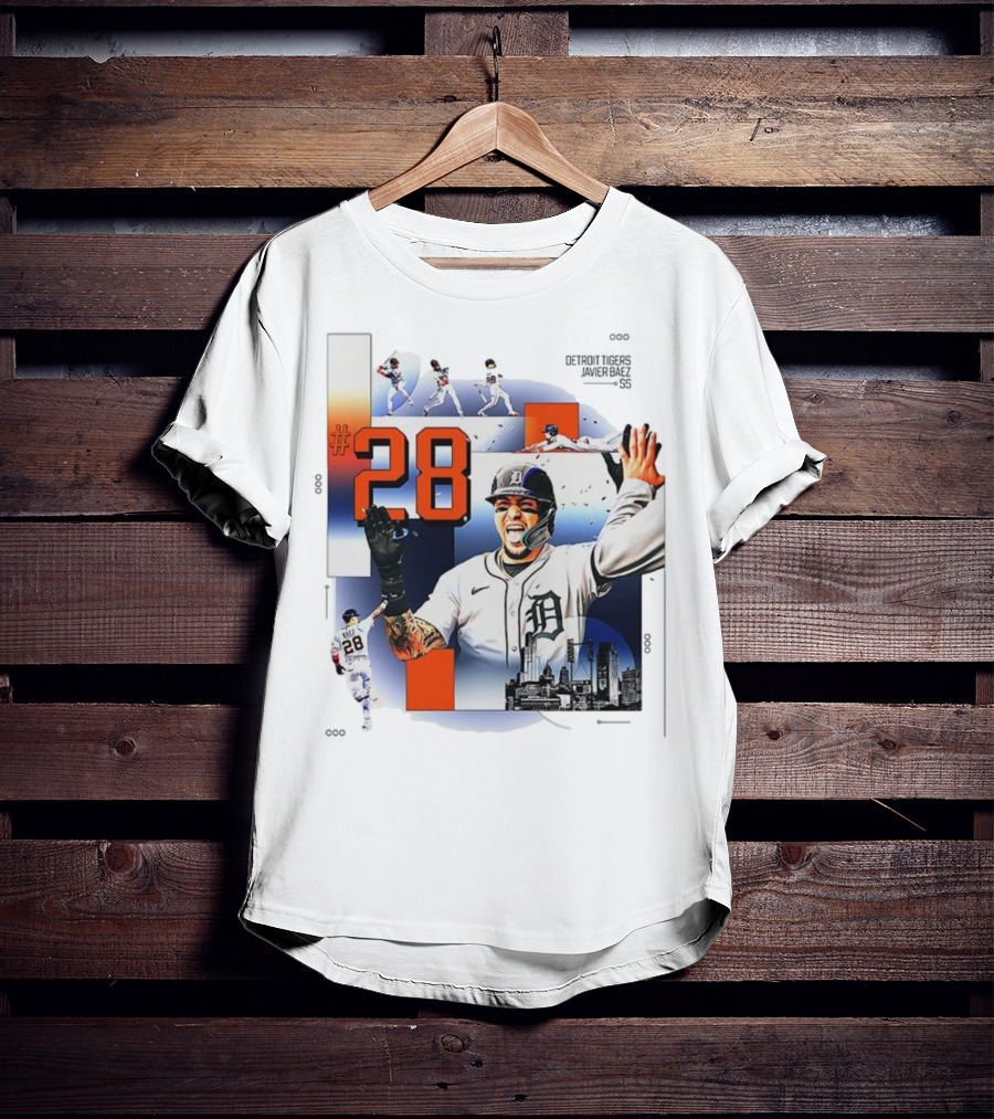 Javier Báez Detroit Tigers Number 28 Baseball Action High Five Urban Skyline T-Shirt