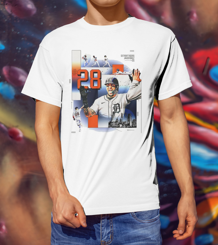 Javier Báez Detroit Tigers Number 28 Baseball Action High Five Urban Skyline T-Shirt