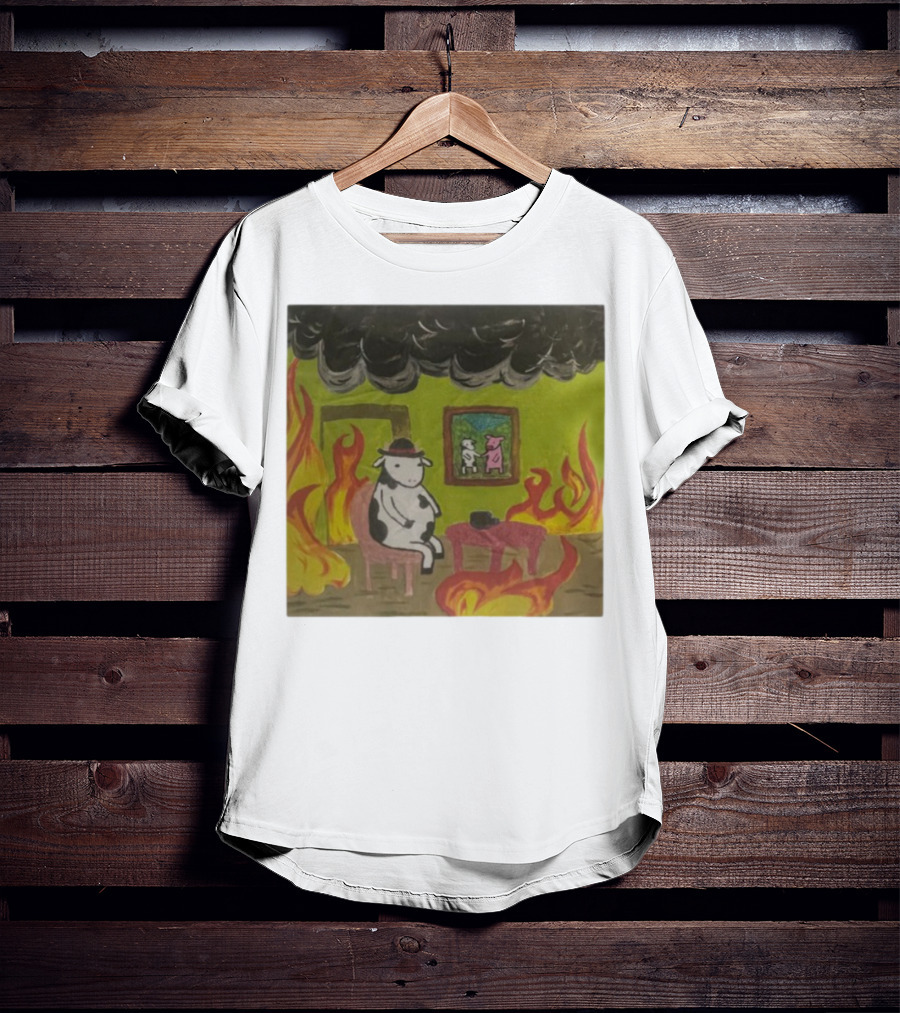 This Is Fine Cow Meme Fire Scene Surreal Humor T-Shirt