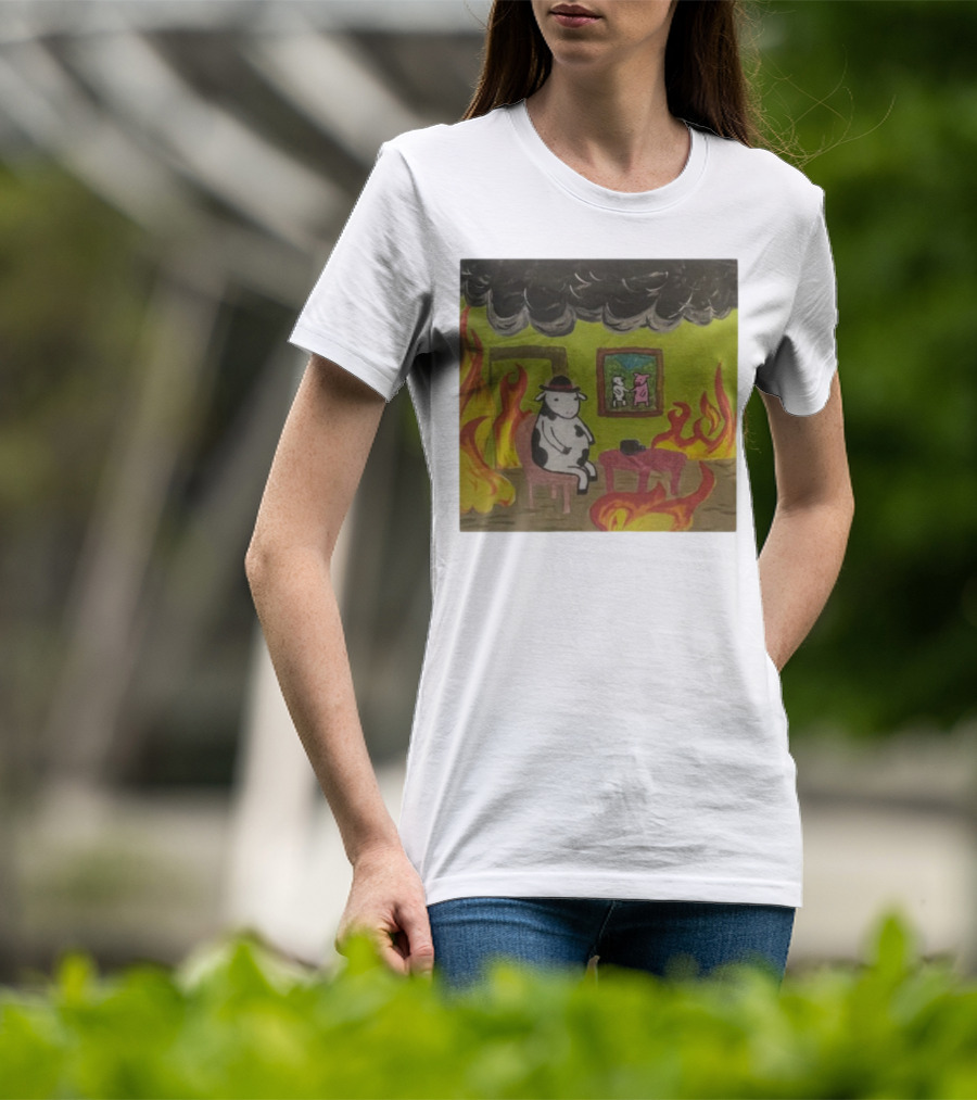 This Is Fine Cow Meme Fire Scene Surreal Humor T-Shirt