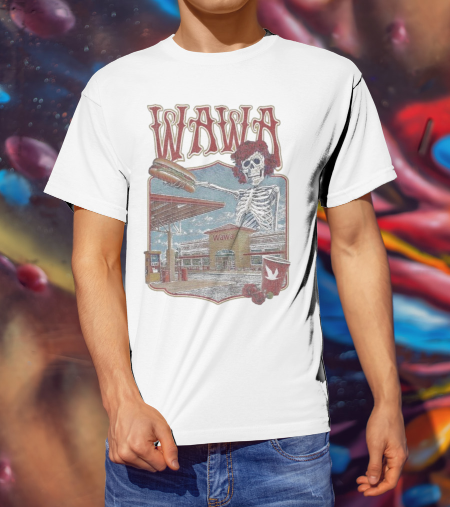 Wawa Grateful Dead Skeleton Holding Hoagie At Gas Station Scene T-Shirt