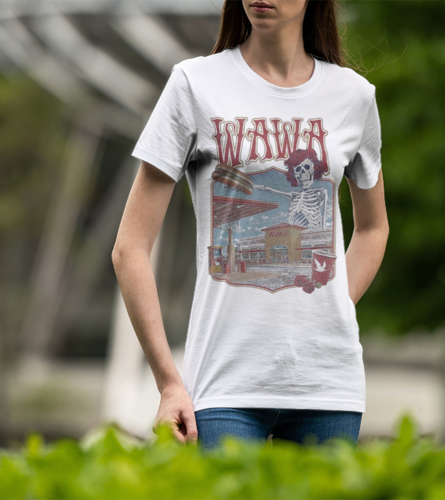 Wawa Grateful Dead Skeleton Holding Hoagie At Gas Station Scene T-Shirt