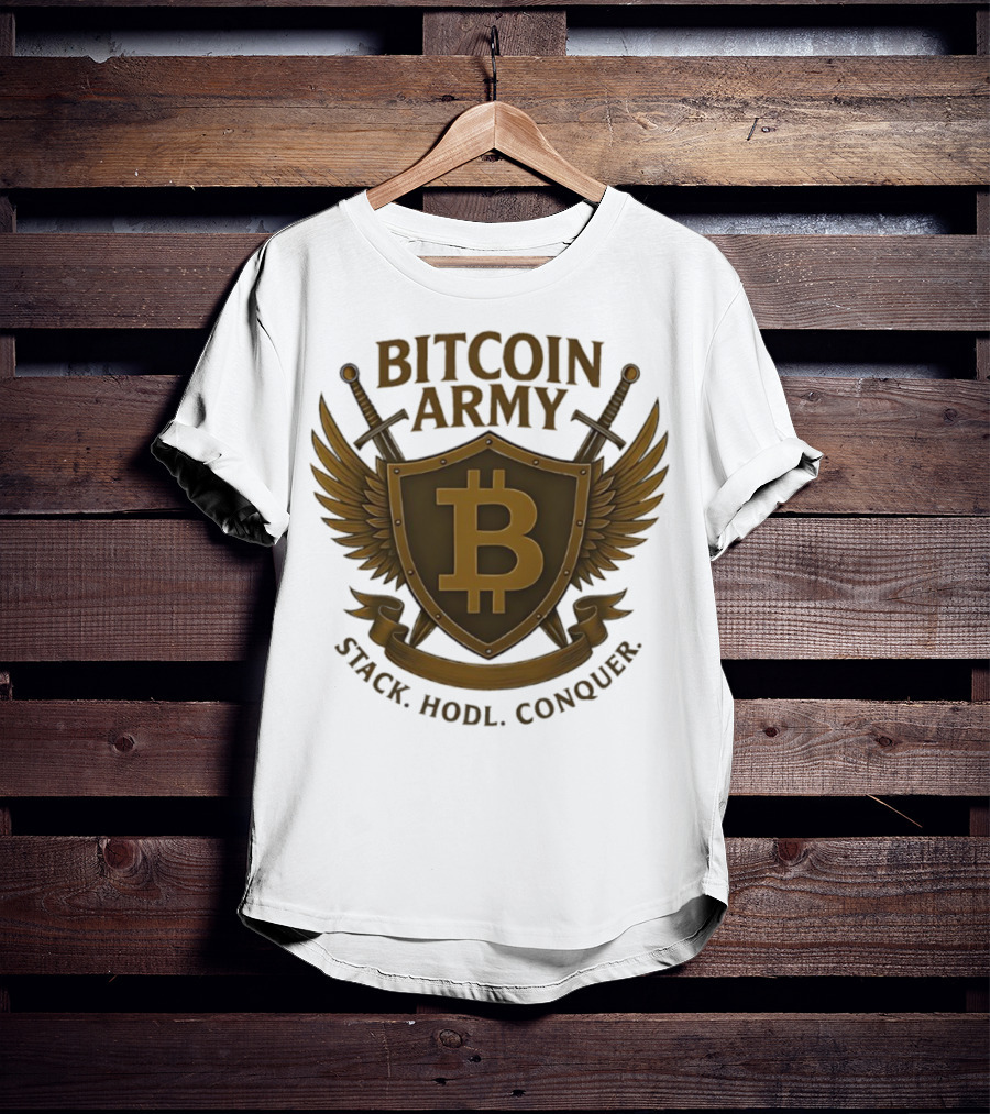 Bitcoin Army Shield Stack Hodl Conquer Crypto Warriors T-Shirt