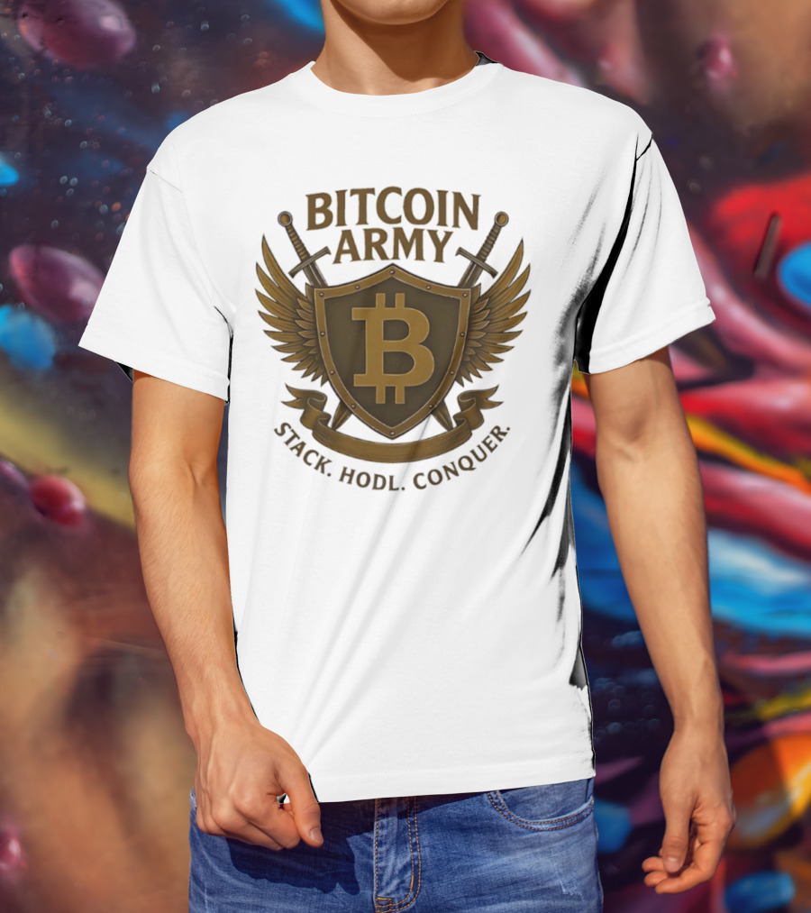 Bitcoin Army Shield Stack Hodl Conquer Crypto Warriors T-Shirt