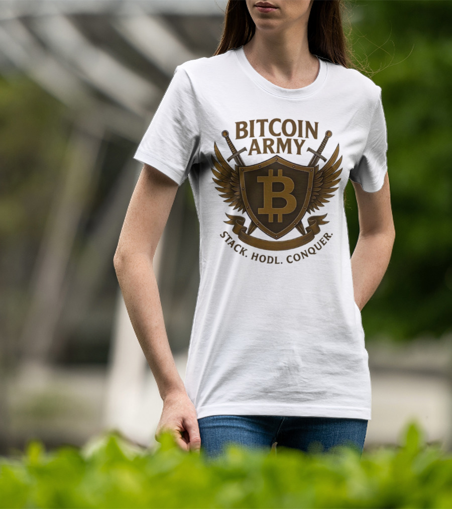 Bitcoin Army Shield Stack Hodl Conquer Crypto Warriors T-Shirt