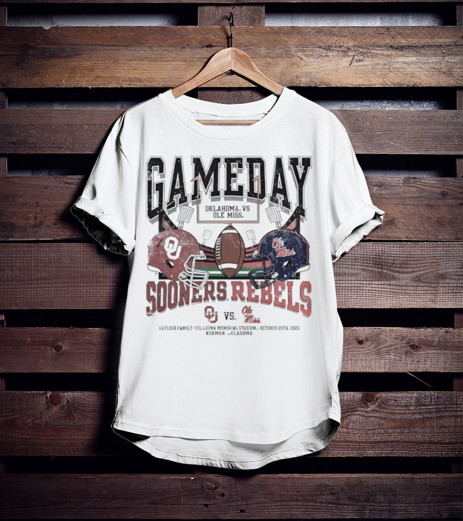 Gameday Oklahoma Sooners Vs Ole Miss Rebels Gaylord Family Oklahoma Memorial Stadium Football Helmets T-Shirt