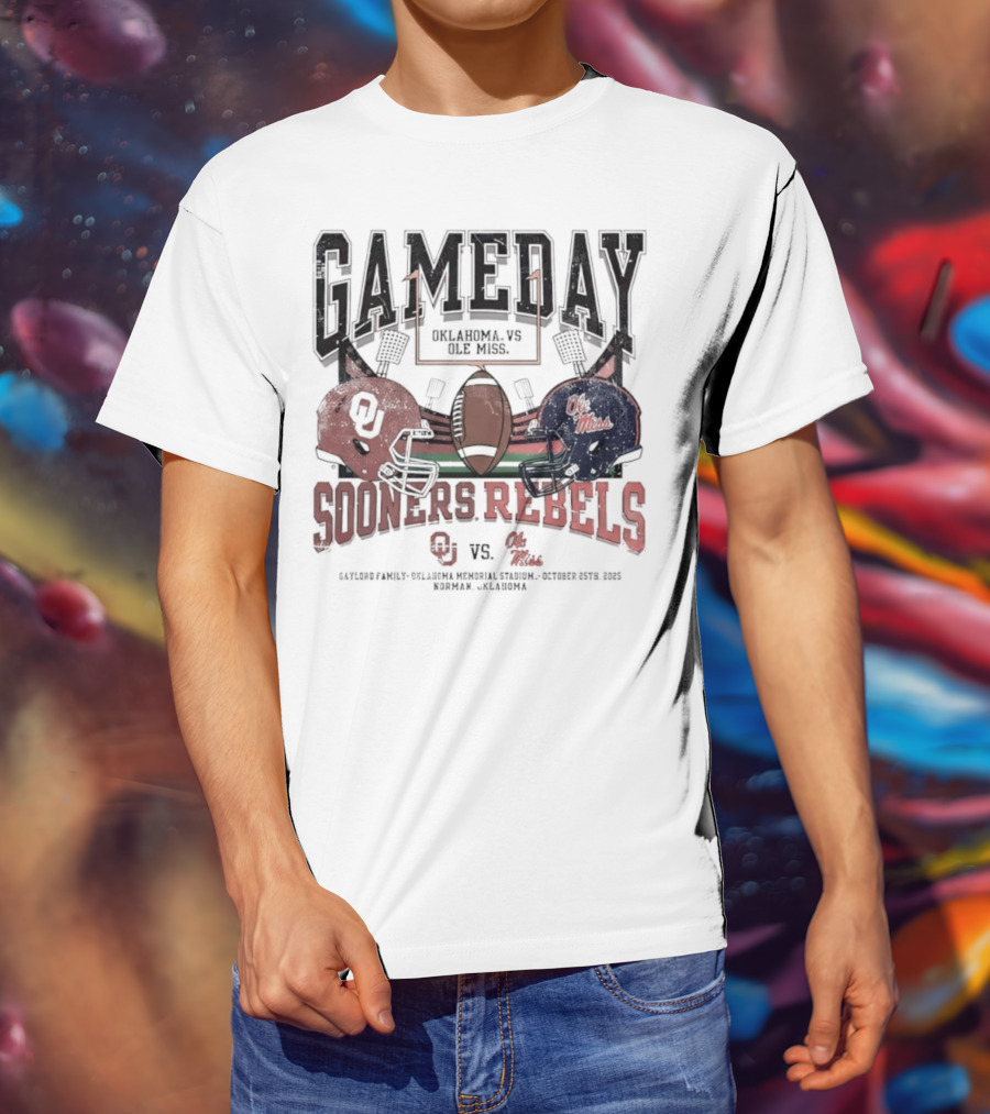 Gameday Oklahoma Sooners Vs Ole Miss Rebels Gaylord Family Oklahoma Memorial Stadium Football Helmets T-Shirt