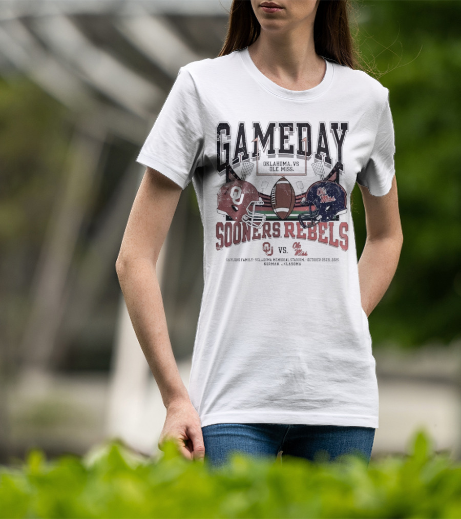 Gameday Oklahoma Sooners Vs Ole Miss Rebels Gaylord Family Oklahoma Memorial Stadium Football Helmets T-Shirt