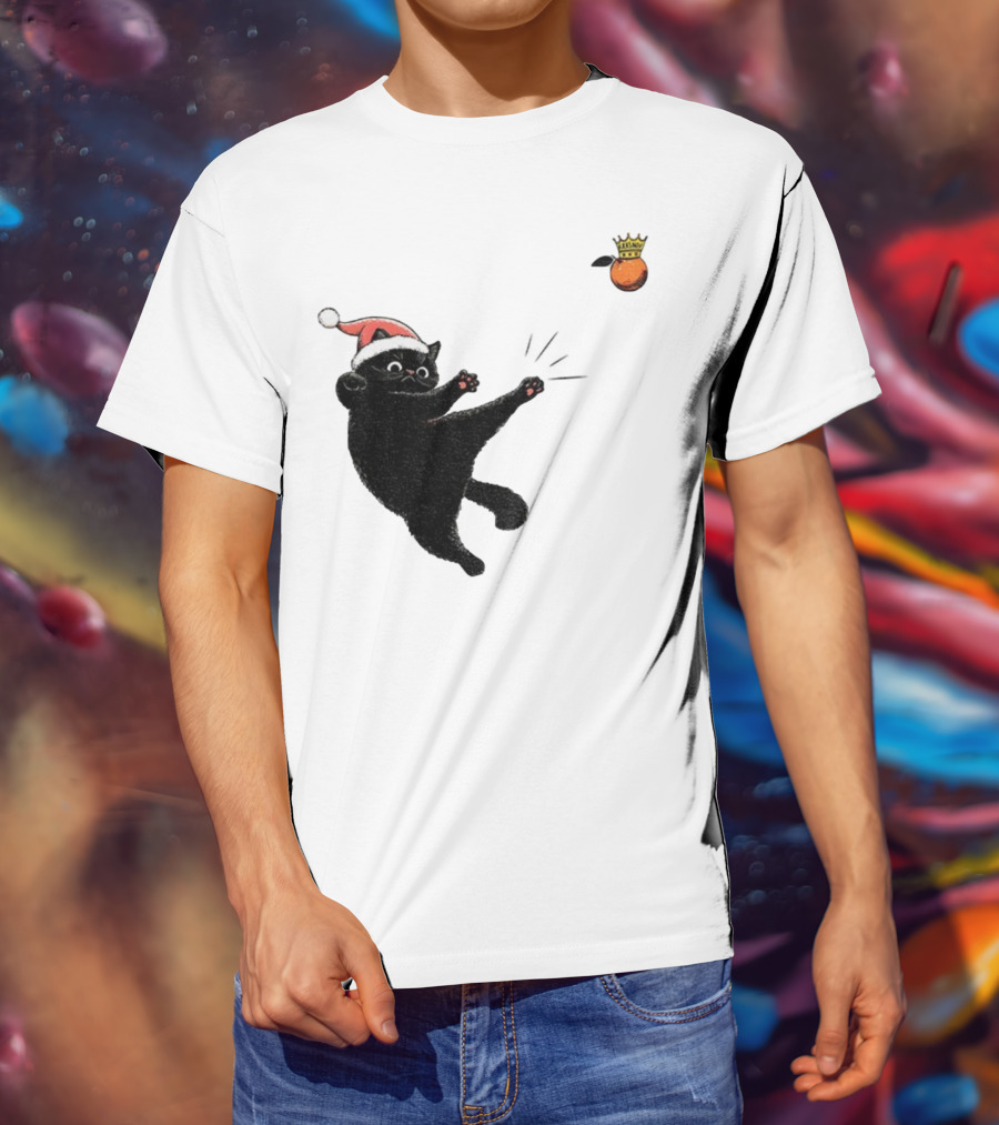 Black Cat Santa Hat Kicking Crowned Orange No Kings Christmas Anti-Trump T-Shirt