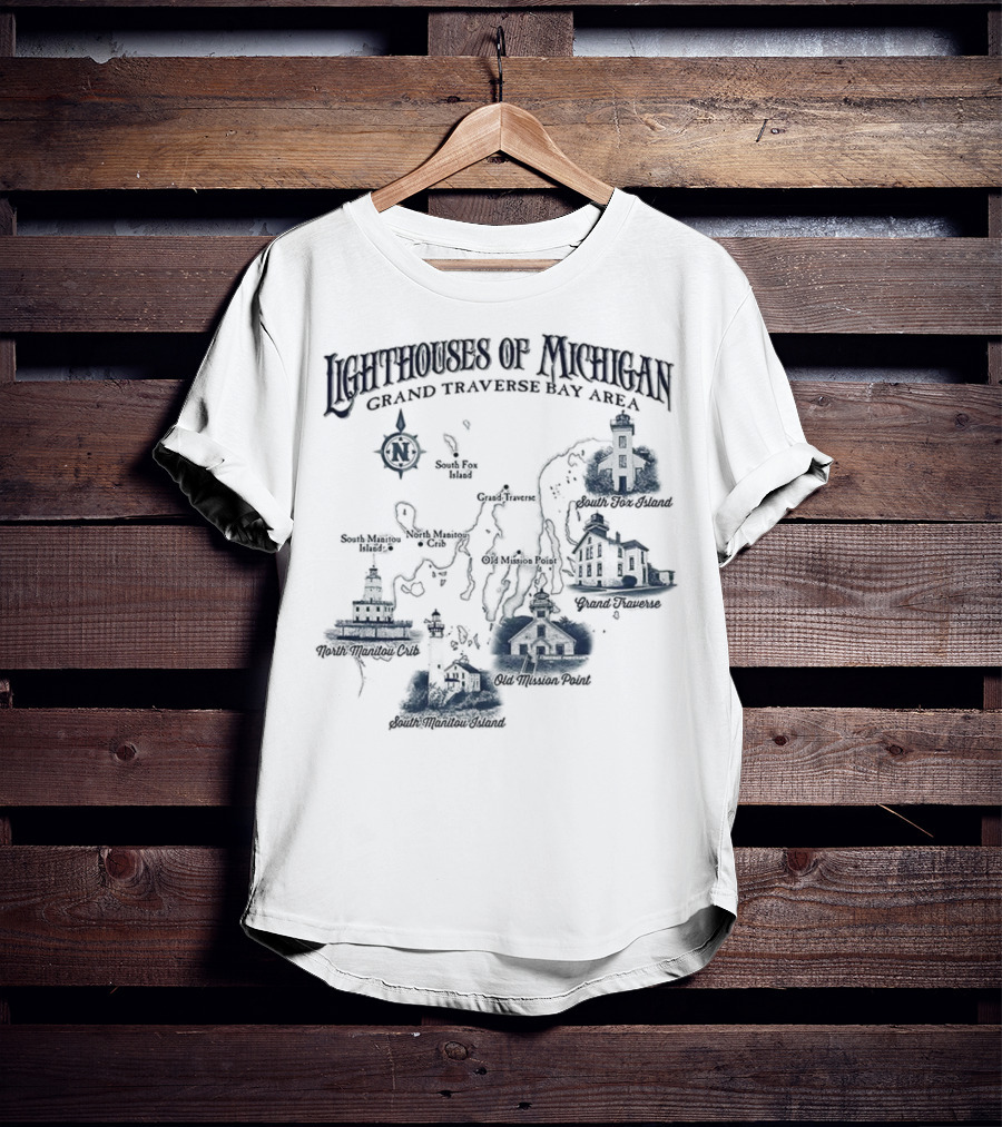 Lighthouses Of Michigan Grand Traverse Bay Area White Shoal South Fox Island Old Mission Grand Traverse South Manitou Northport T-Shirt