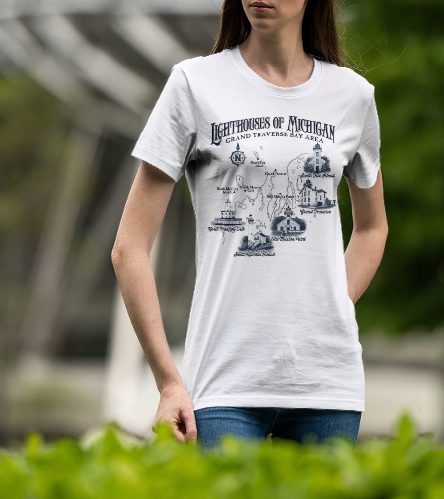 Lighthouses Of Michigan Grand Traverse Bay Area White Shoal South Fox Island Old Mission Grand Traverse South Manitou Northport T-Shirt