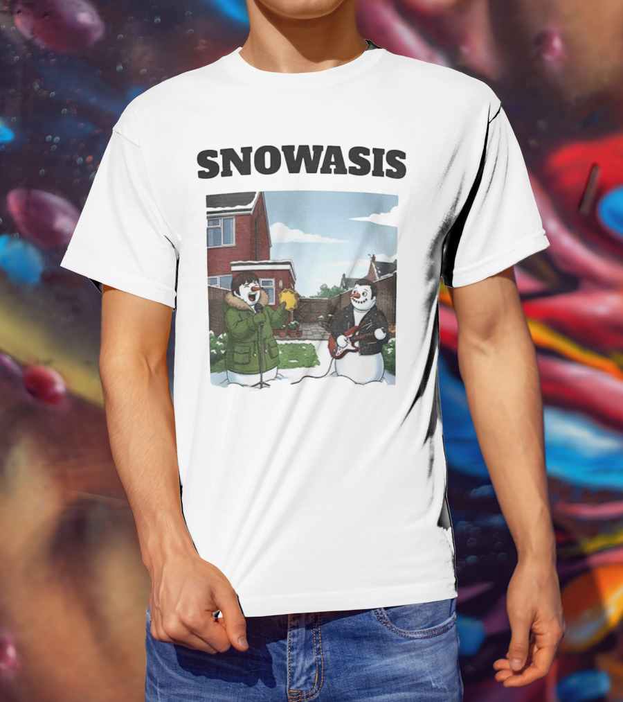Snowasis Snowman Winter Oasis Vintage Guitar Tambourine Scene T-Shirt