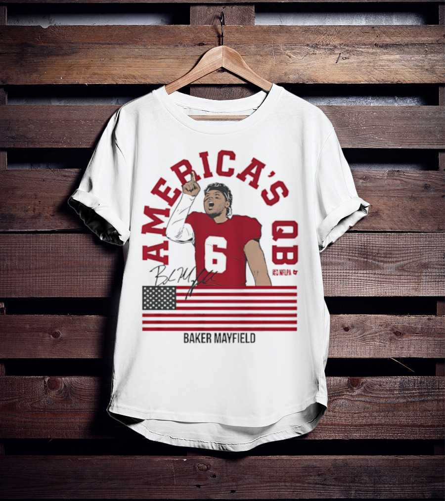 Baker Mayfield America's QB Number 6 USA Flag Signature T-Shirt