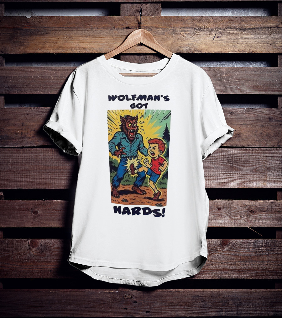 Wolfman’s Got Nards Vintage Comic Style Kid Kicking Wolfman T-Shirt