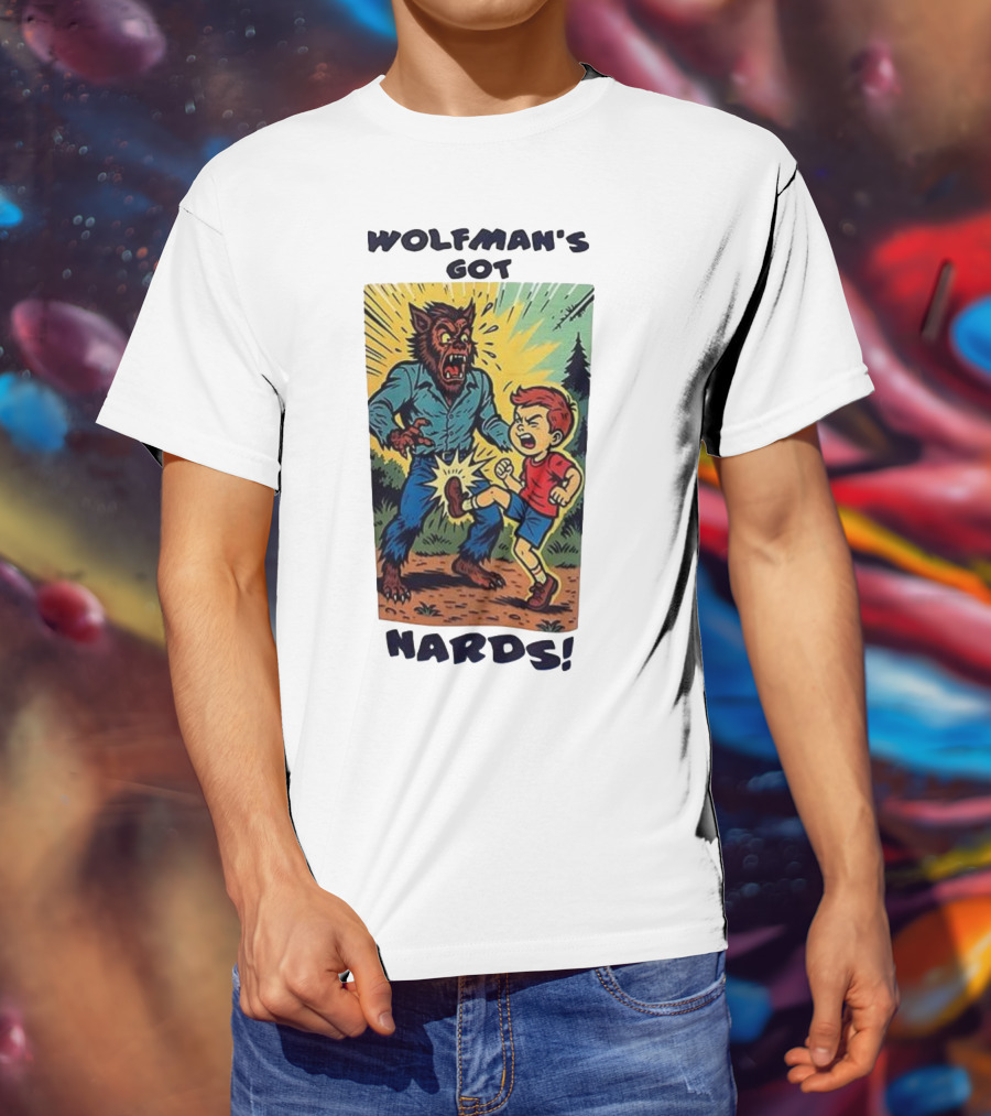 Wolfman’s Got Nards Vintage Comic Style Kid Kicking Wolfman T-Shirt