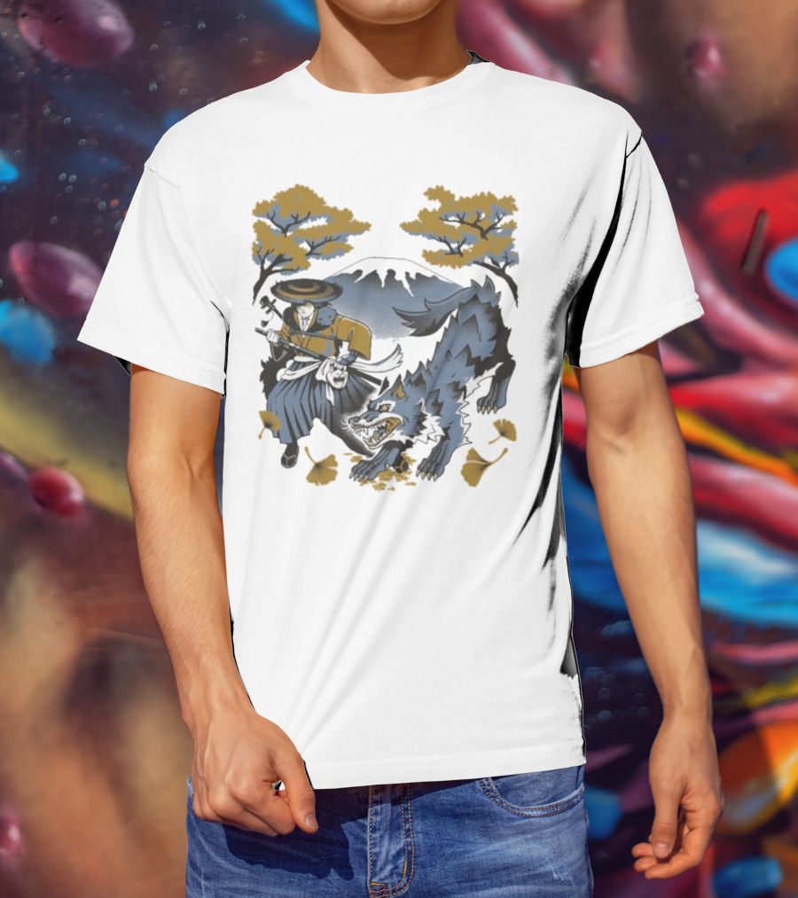 Ghost Of Yotei The Hunters Ukiyo-e Warrior With Wolf Mythical Scene T-Shirt